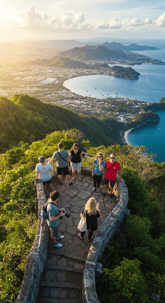 Travelers taking in the breathtaking coastal landscape of Cebu from a mountaintop, showcasing the natural beauty that serves as a backdrop to Filipino culture.