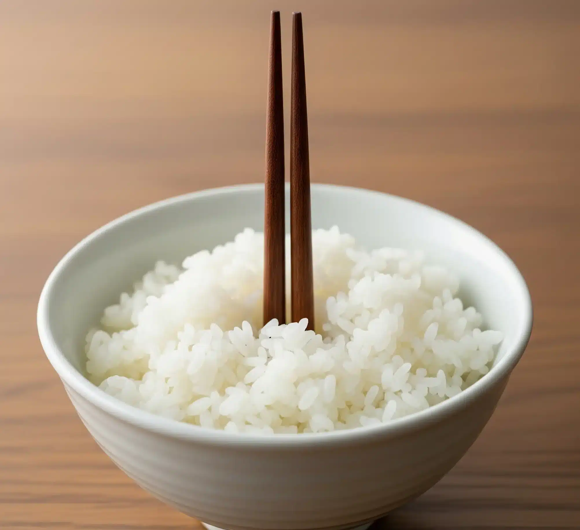 Wooden chopsticks sticking vertically upright in a bowl of white rice, a major etiquette taboo in Japan known as Tsukitate-bashi that resembles a funeral ritual.