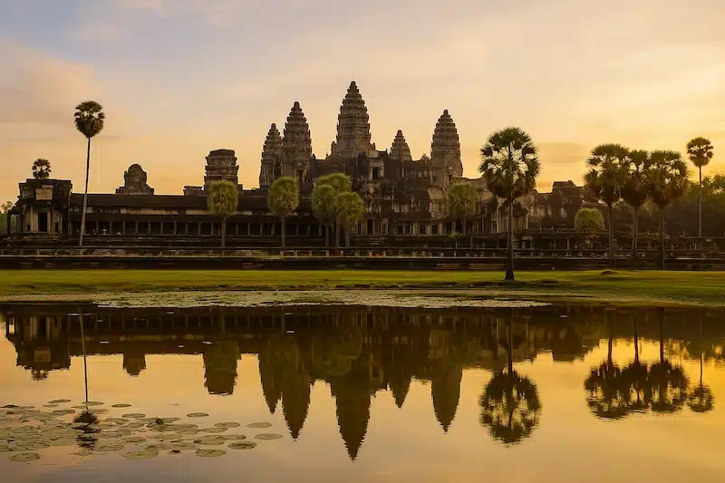 A golden sunrise over Angkor Wat in Siem Reap, with the ancient temple and palm trees mirrored in the calm reflecting pool.