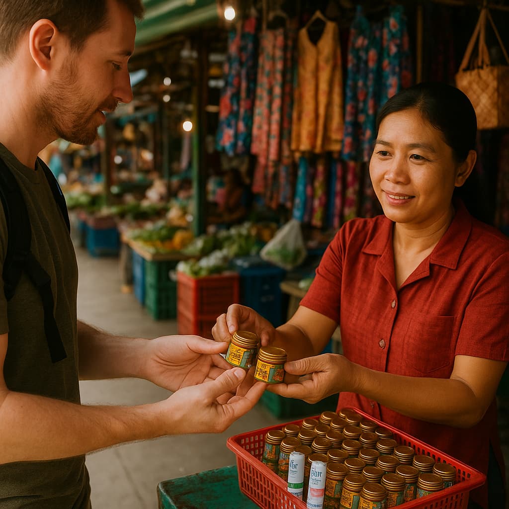 Foreign tourist buying tiger balm from a Thai vendor