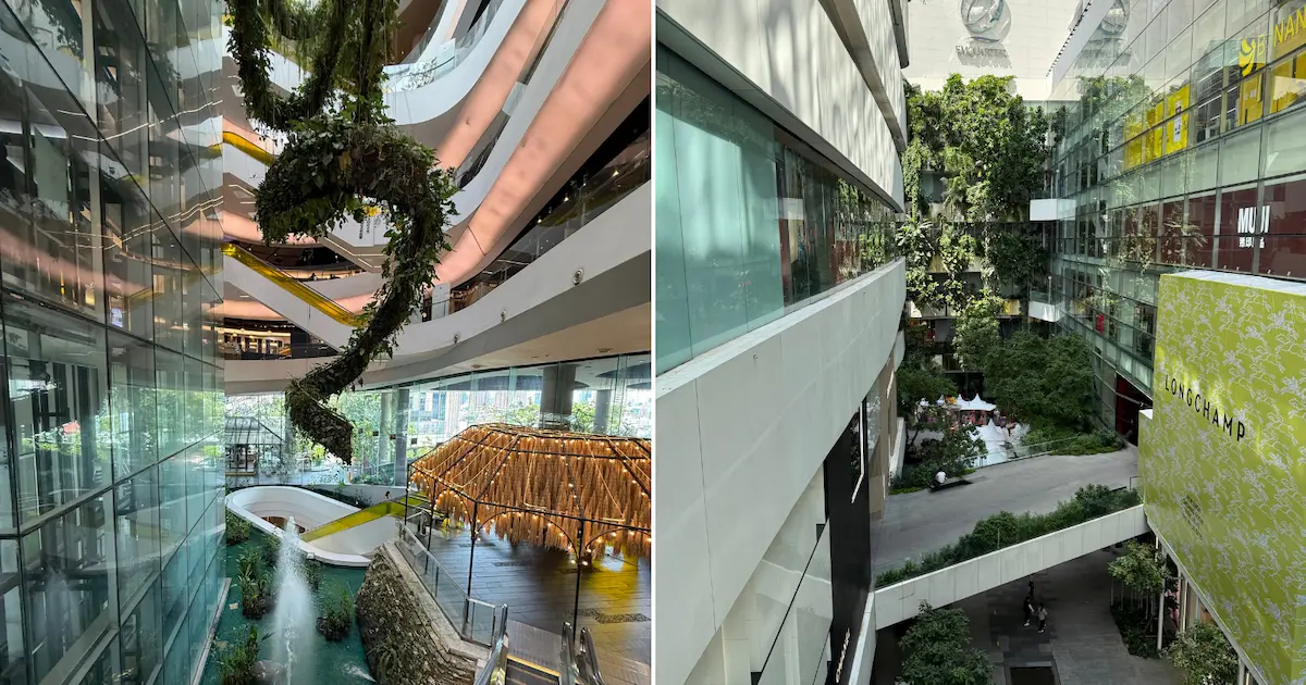 A collage highlighting the unique, nature-inspired architecture of EmQuartier mall. The images display the famous interior waterfall and the lush, green hanging gardens on its outdoor terraces.