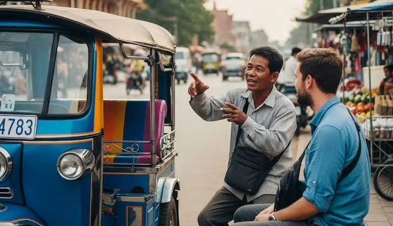 A tourist and a tuk-tuk driver plan a route through Siem Reap, showcasing a typical interaction with local guides.
