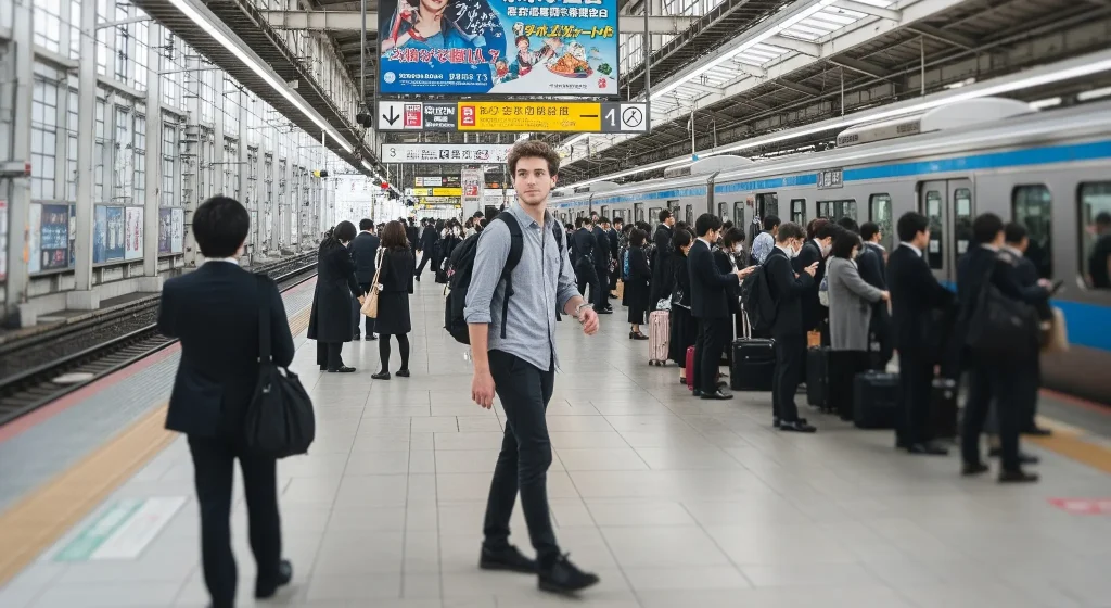 A tourist who is not lining up for the train