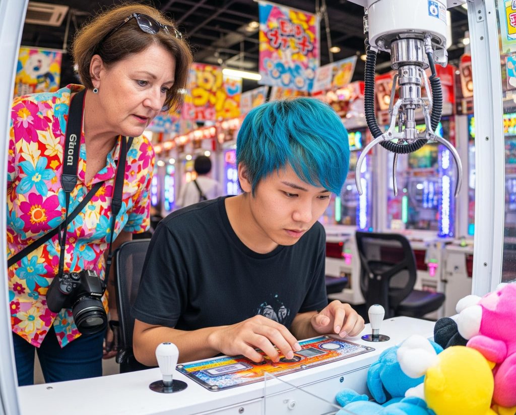 A foreign tourist observing a young local how to win a price in a claw machine