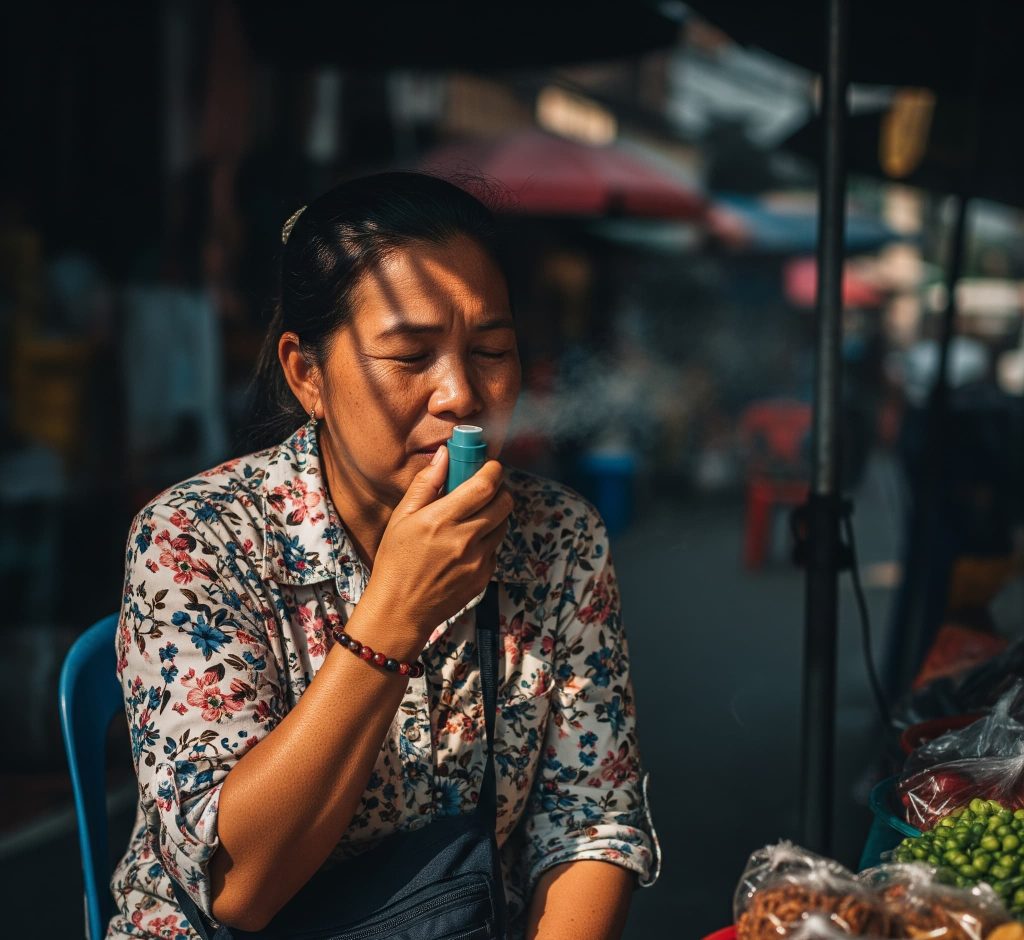 Thai vendor using ya dom in a busy market