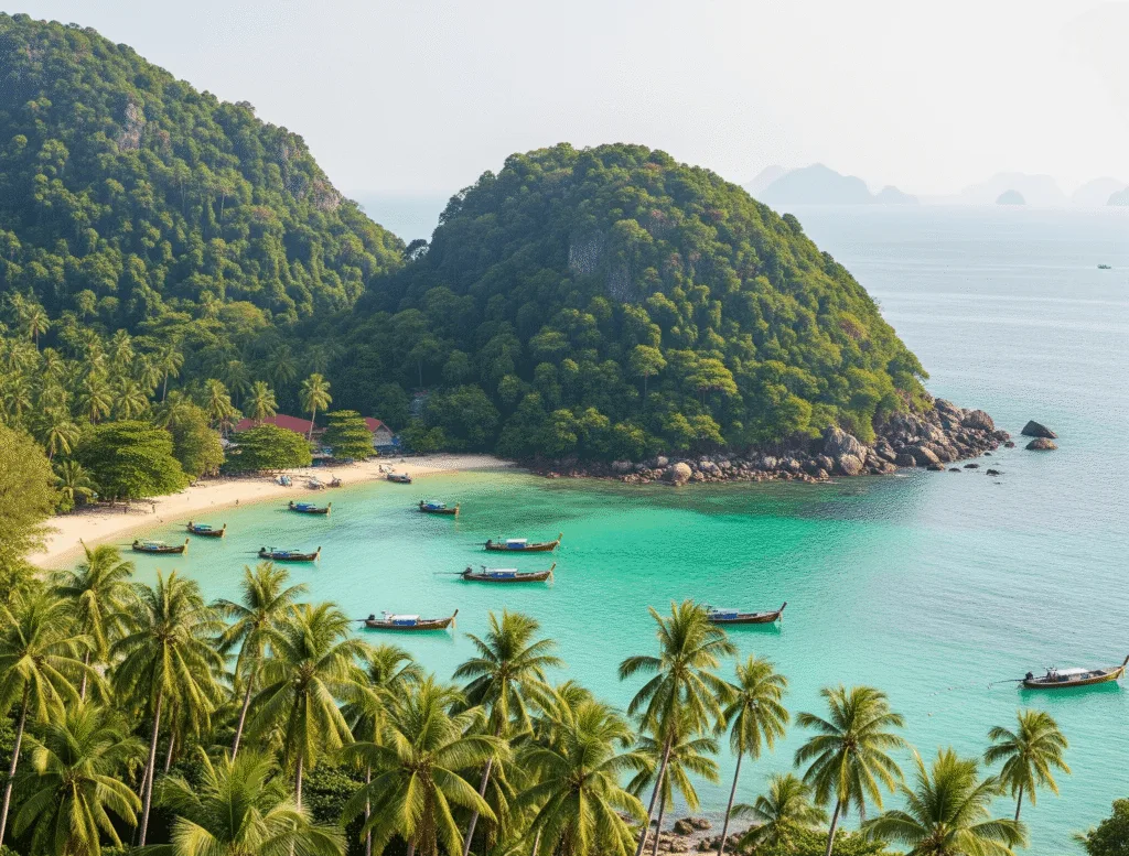 Panoramic view of Koh Jum, Thailand, showing a sandy beach, turquoise waters, lush green vegetation, and longtail boats.