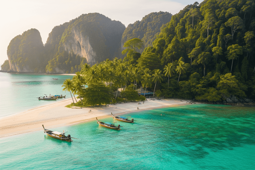 Pristine white sand beach and clear turquoise waters of Koh Wai, Thailand, with tropical trees and a long-tail boat.