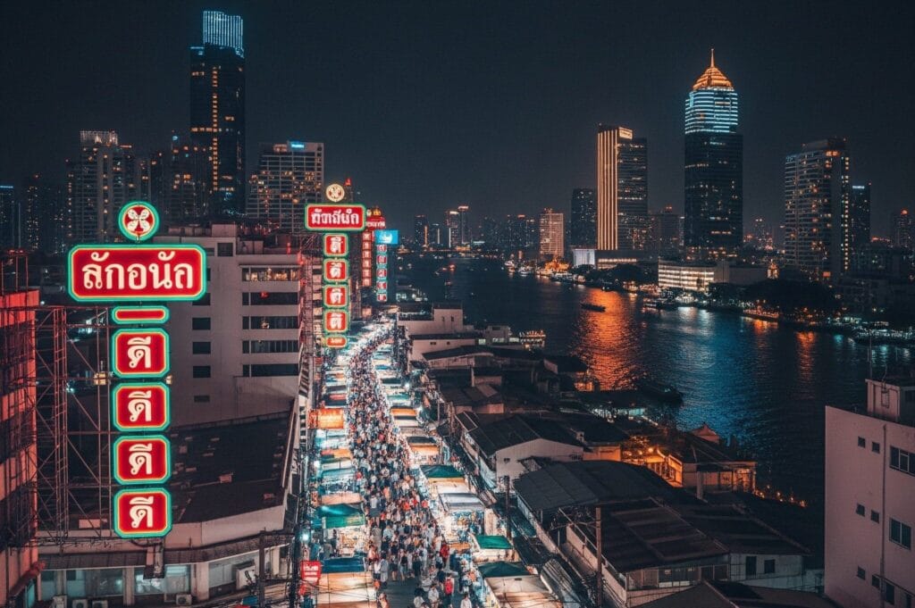 Bangkok night market beside a river and buildings at the back
