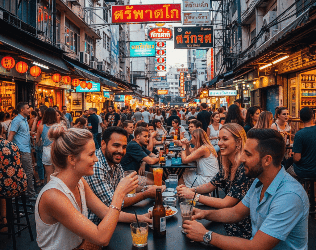 Foreigners and tourists drinking at a busy soi in Bangkok