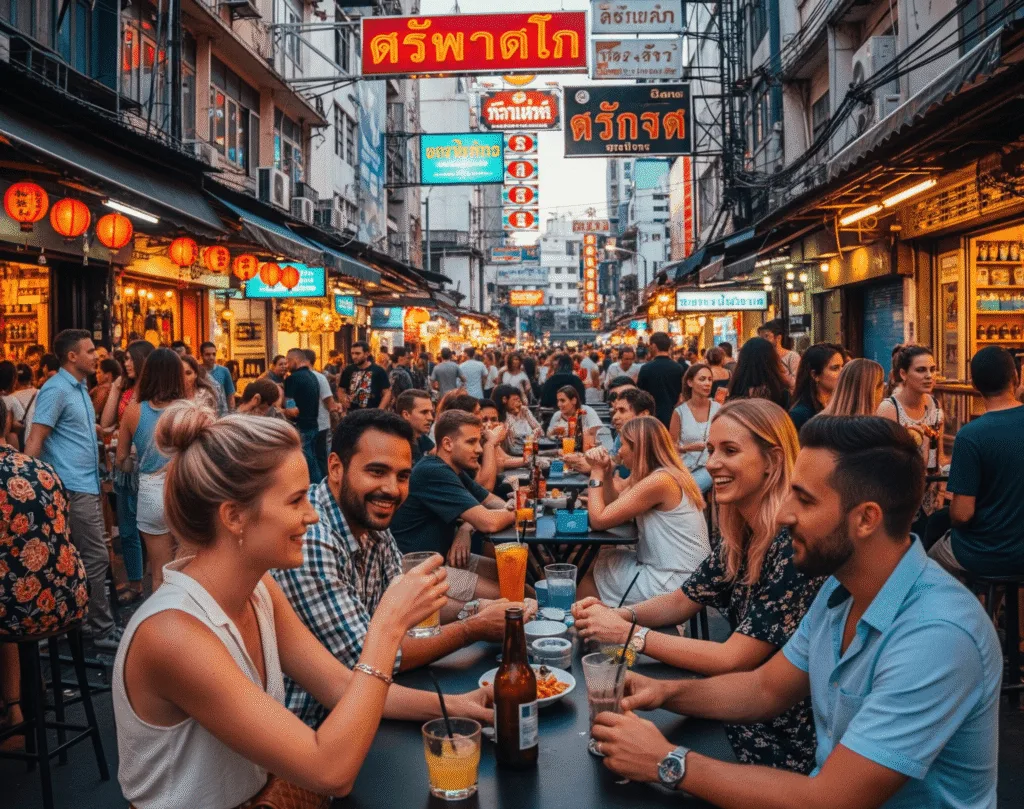 Foreigners and tourists drinking at a busy soi in Bangkok