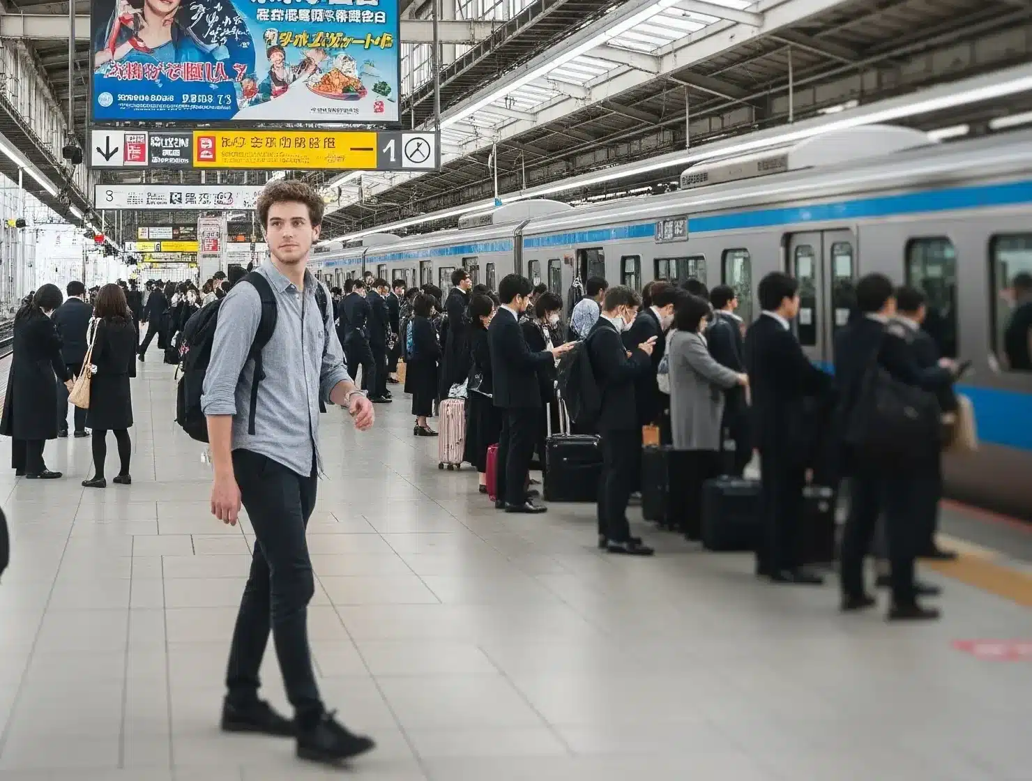 A tourist with a backpack walking along a busy train platform in Japan while locals wait in orderly lines to board the subway.