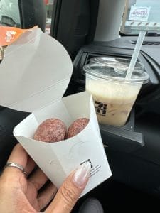 Photo of Sweet potato balls and iced coffee from 7-eleven in Japan