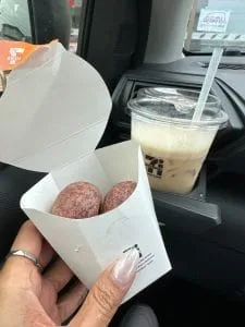 Photo of Sweet potato balls and iced coffee from 7-eleven in Japan