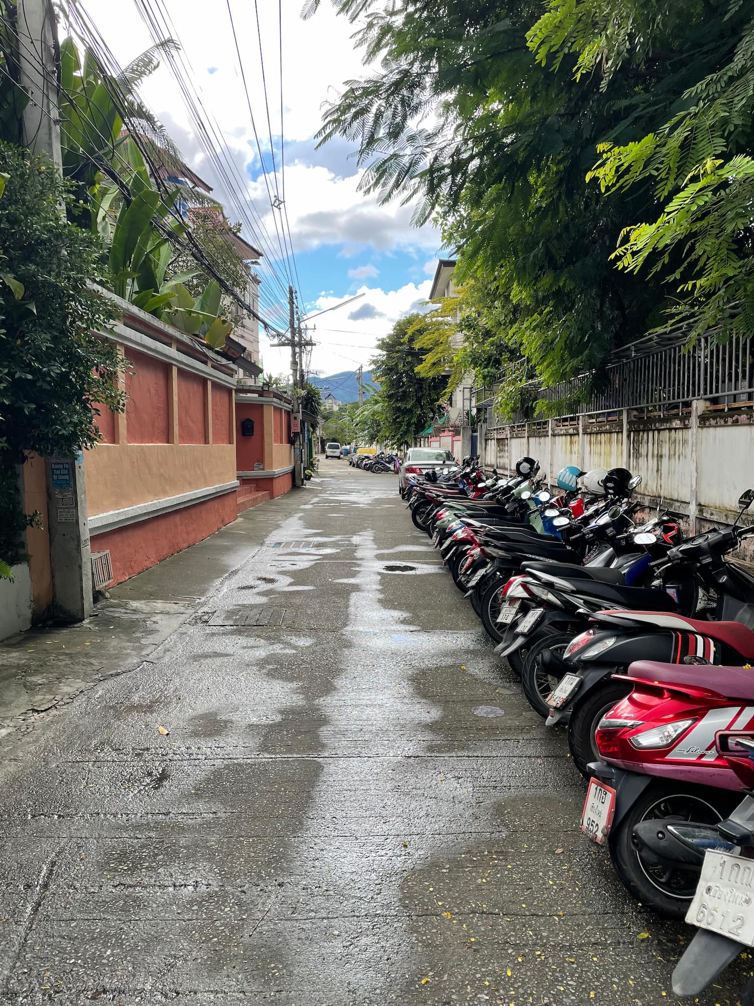 Picture of a street full of parked motorbikes in Chiang Mai, Thailand