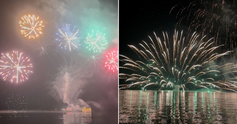 Split-image of the spectacular nightly fireworks show over Lake Toya, showing colorful bursts in the sky on the left and a grand finale reflecting on the water's surface on the right.