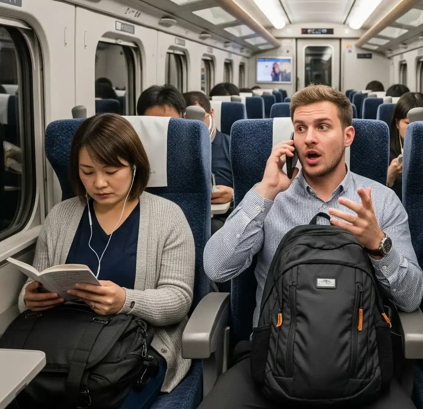 A tourist talking loudly on his mobile phone on a Japanese train, disrupting the quiet atmosphere while a local woman reads a book nearby, illustrating a major etiquette breach.