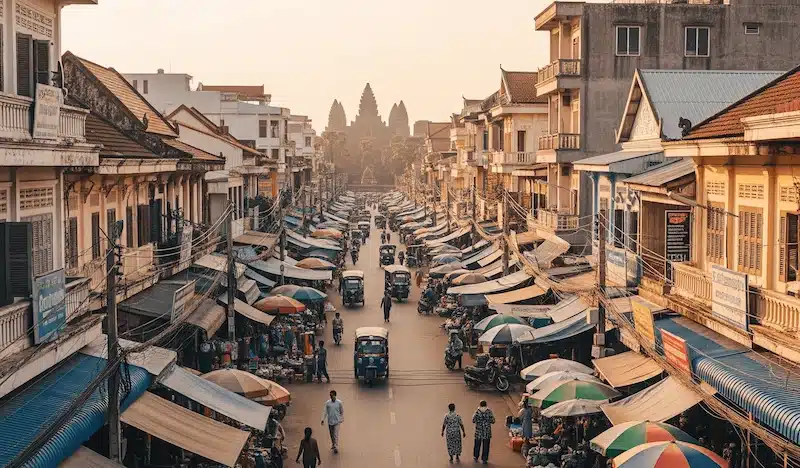 A bustling street market in Siem Reap, with tuk-tuks and colorful vendor stalls lining the road leading towards Angkor Wat in the distance.