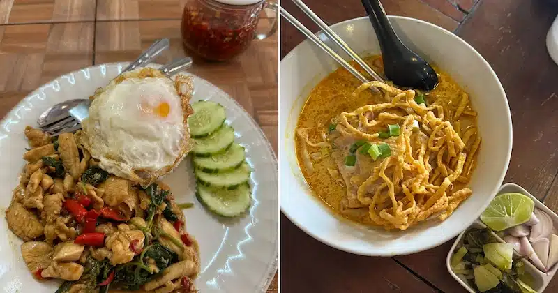 Delicious plates of affordable Northern Thai street food: Pad Kra Pao with a fried egg (left) and creamy Khao Soi curry noodles (right).