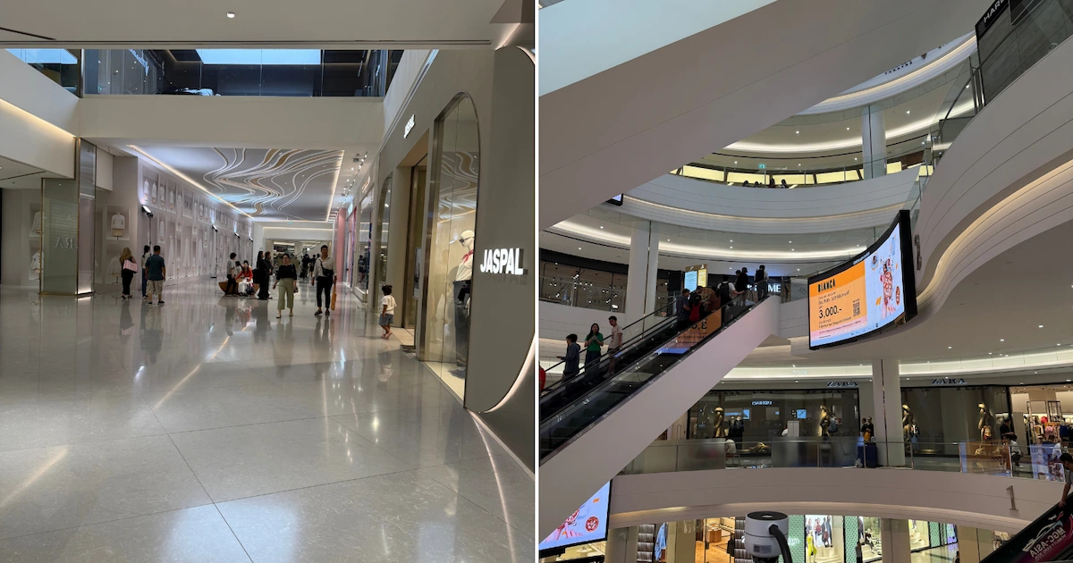 A two-panel collage showcasing the clean and spacious interior of a modern luxury mall in Bangkok. The images show a wide, polished hallway with storefronts and a view across the multi-level atrium.