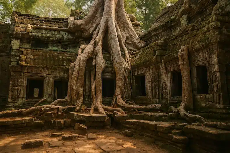 The famous 'Tomb Raider' temple, where massive tree roots seem to swallow the ancient stone walls and doorways.