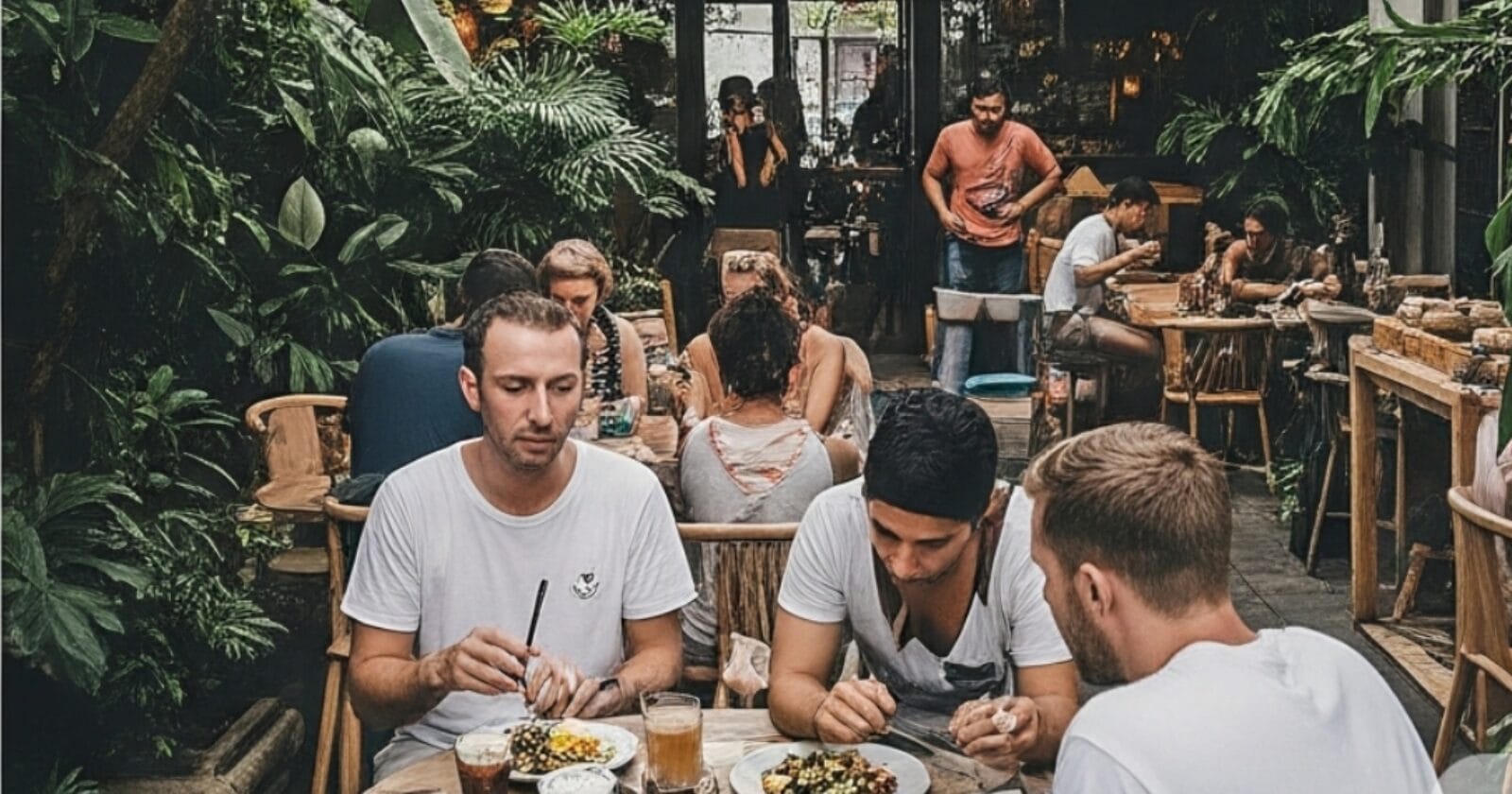 A group of digital nomads and expats eating together in a lush, plant-filled cafe in Bali, representing the social community aspect of the lifestyle.