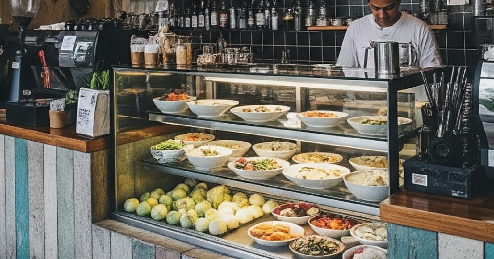 A display case in a trendy Canggu cafe filled with healthy salads and food bowls, showing the Western-style options that contribute to a higher cost of living in Bali.