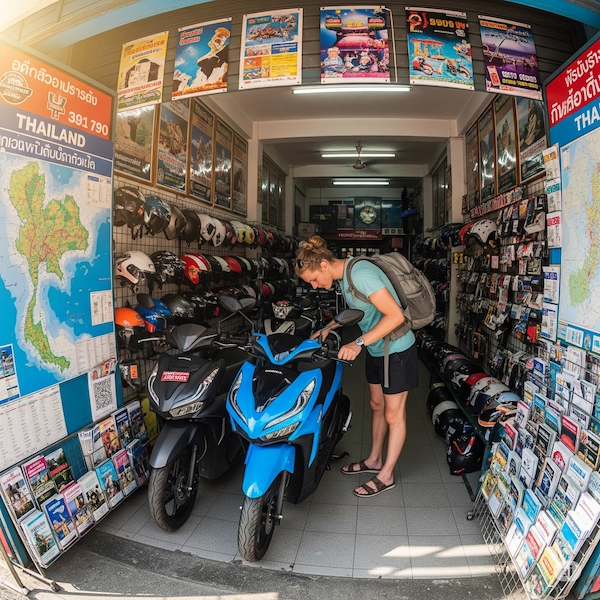 Tourist checking the motorbike condition in a scooter rental shop