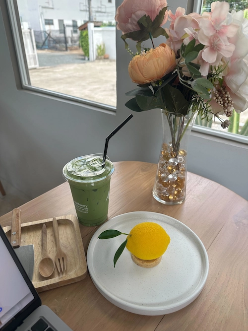 A-mai Homemade Bakery and their lemon pastry and matcha latte