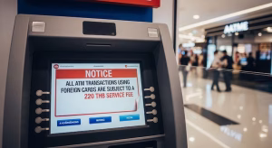 ATM in Thailand displaying "All ATM transactions using foreign cards are subject to a 220 THB service fee".