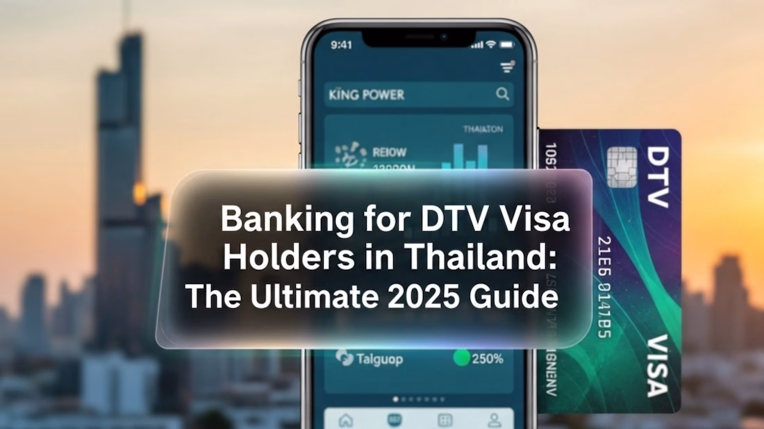 Image with the text "Banking for DTV Visa Holders in Thailand: The Ultimate 2025 Guide". In the background the silhouette of Bangkok.