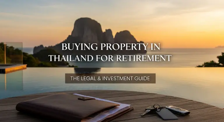 Luxury Thai villa infinity pool at sunset with legal documents and keys in the foreground. Text overlay reads: Buying Property in Thailand for Retirement - The Legal & Investment Guide 2026.