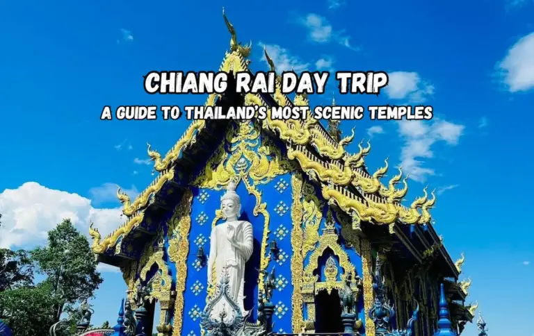 A picture of a blue temple decorated with blue and golden painting with a big Buddha statue standing in front by the entrance with the title "Chiang Rai day trip".