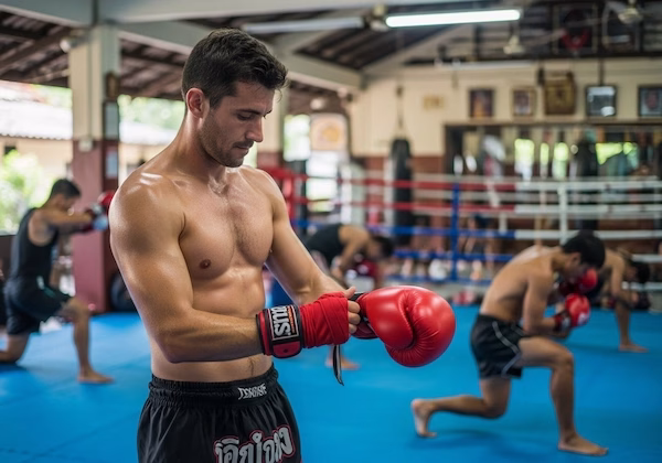 Putting gloves on for a muay thai class