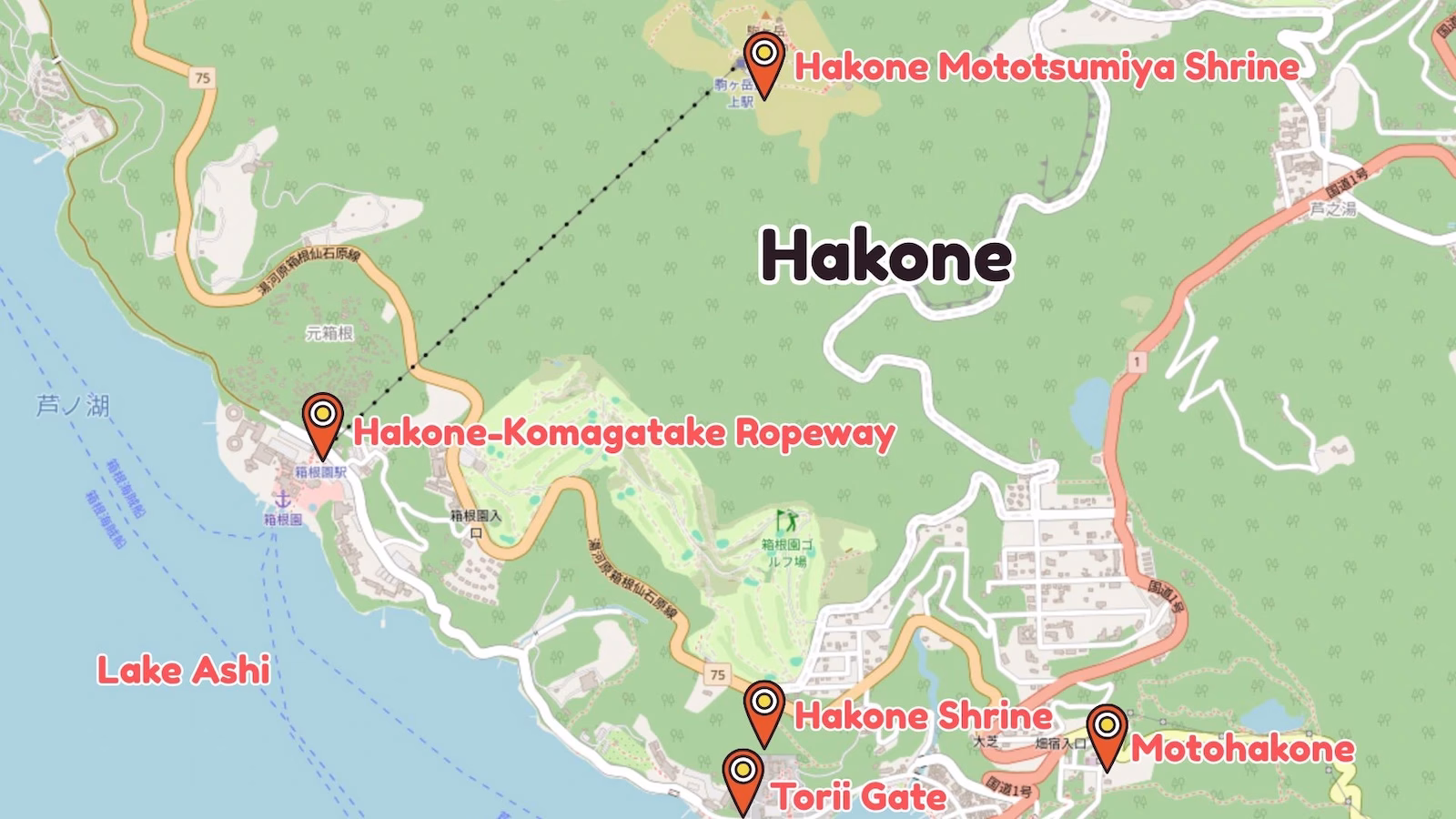 map of Hakone sightseeing spots, less touristy side
