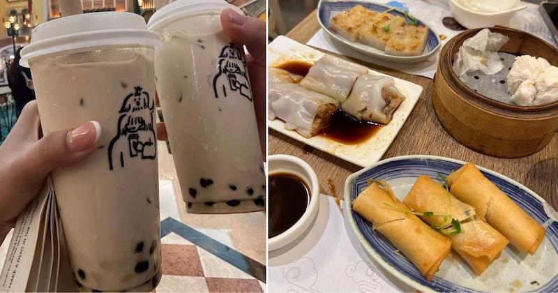 Heytea milk tea and local food like dumplings in Hong Kong