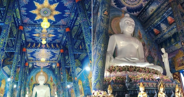 Inside of Blue Temple, Lord Buddha painted in white