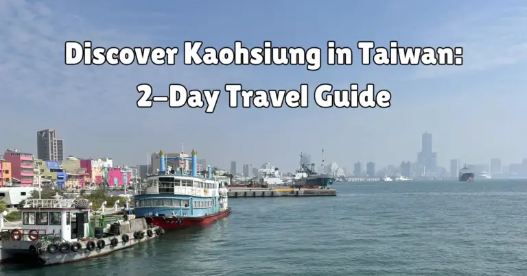 The bustling Gushan Ferry Pier in Kaohsiung, Taiwan, with ferries and boats on the water and the city skyline in the background. Text overlay reads: 'Discover Kaohsiung in Taiwan: 2-Day Travel Guide'.