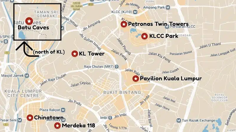 A map of the Kuala Lumpur 1-Day Itinerary highlighting key locations like Batu Caves, Petronas Twin Towers, and Chinatown. An arrow indicates the route starting north and moving into the city center.