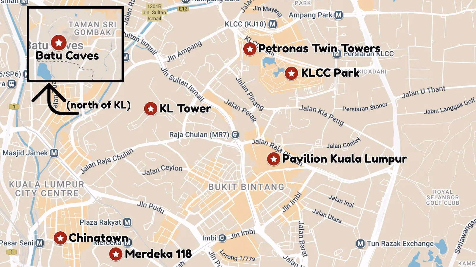 Map of Kuala Lumpur with sightseeing spots