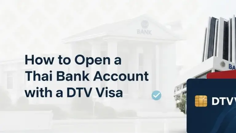 Graphic showing the Bangkok Bank headquarters and a DTV Visa card, illustrating the 2026 guide on how to open a DTV visa Thailand bank account.