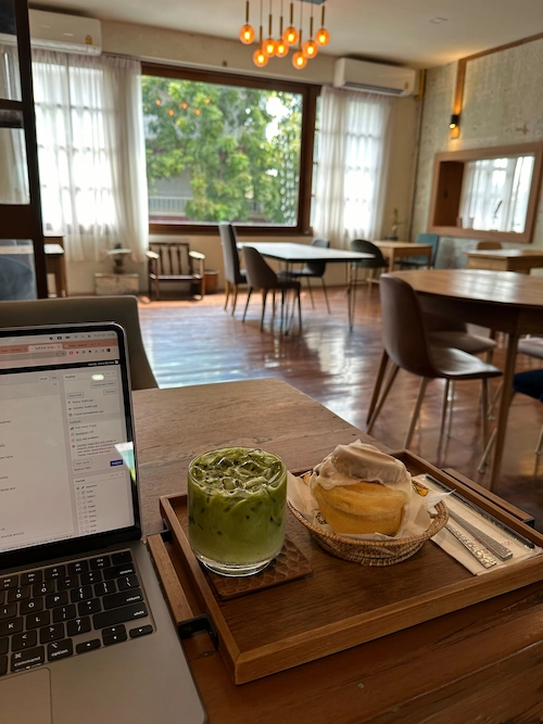 STORIES cafe with their cinnamon roll and matcha late