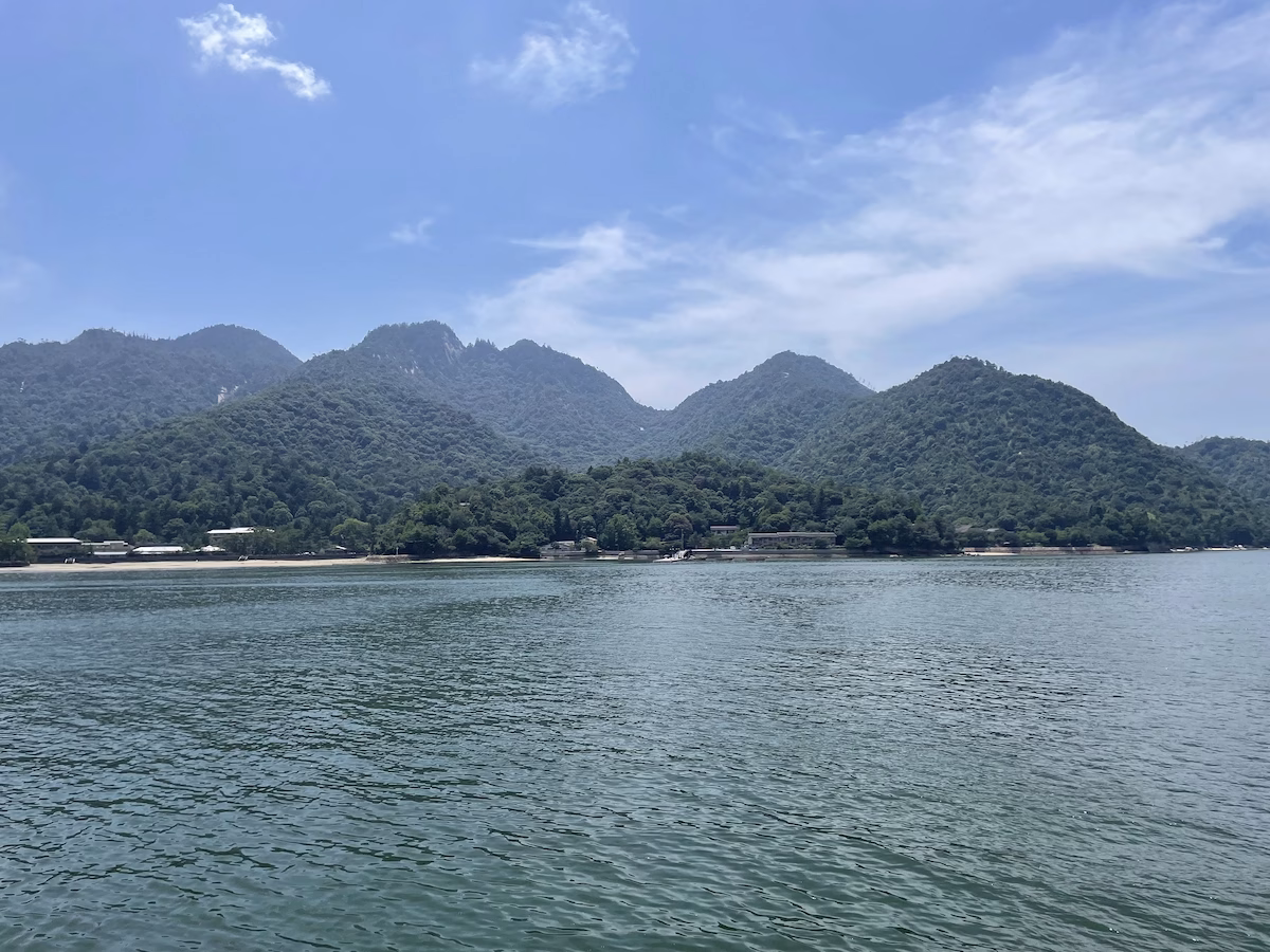 Seeing Itsukushima Island from ferry