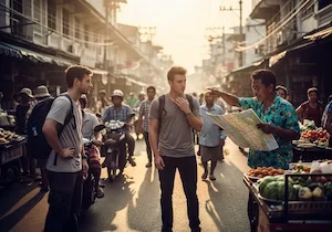 A picture of a tourist getting scammed by a local in Southeast Asia