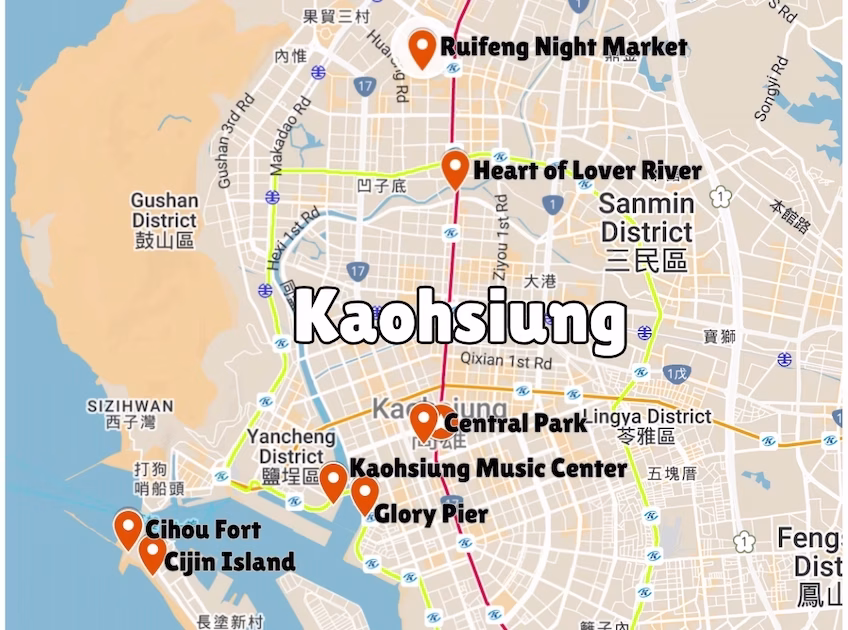 Map of Kaohsiung including sight seeing spots mentioned in the article