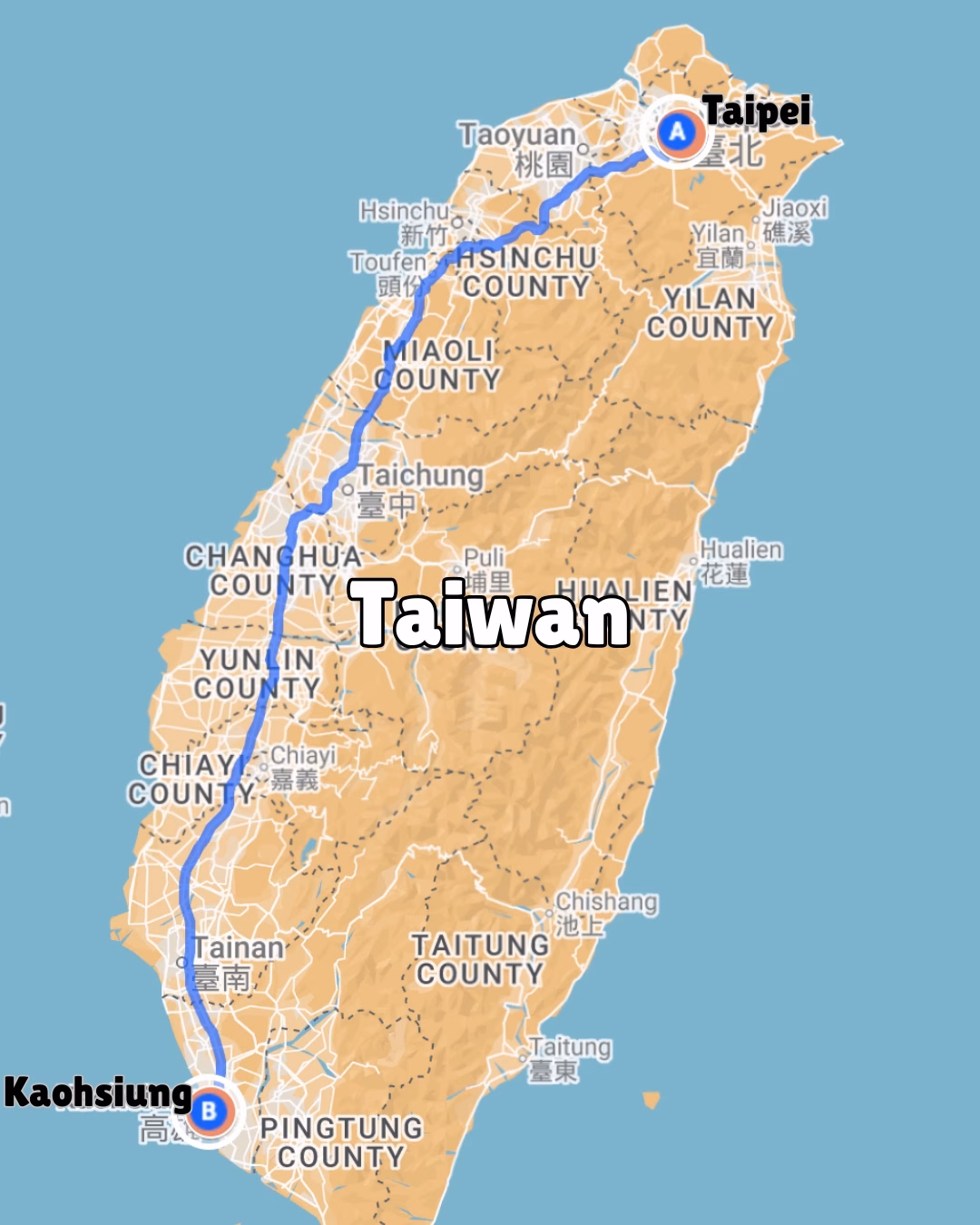 Map of Taipei to Kaohsiung