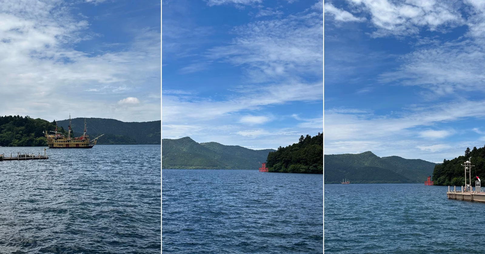 views of Lake Ashi, seeing Torii Gate and a cruise boat