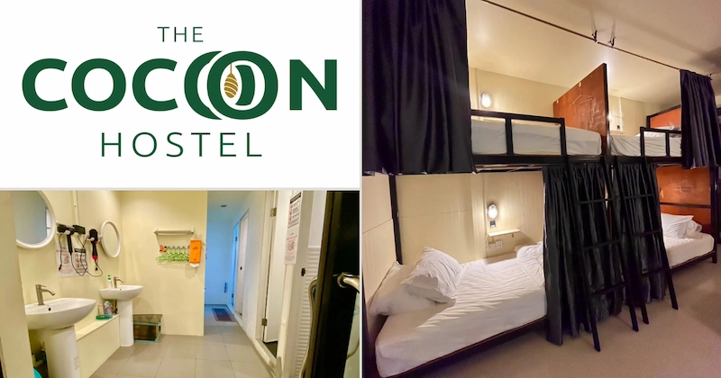 A look inside a Cocoon Hostel dorm room showing bunk beds with privacy curtains and a clean, modern bathroom.