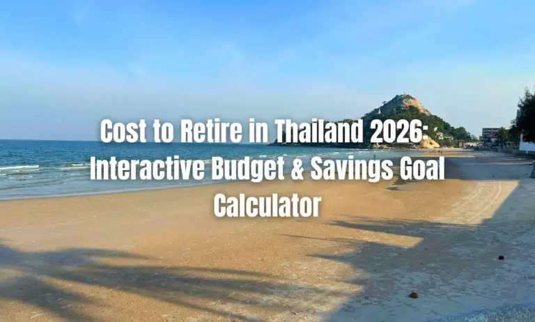 Tropical beach in Thailand with a rocky hill and buildings in the distance, serving as the featured image for an article on the "Cost to Retire in Thailand 2026" and an "Interactive Budget & Savings Goal Calculator."