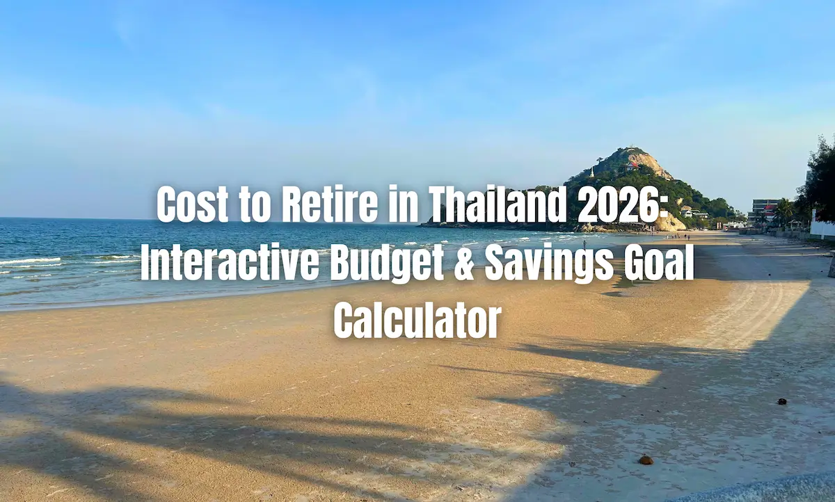 Tropical beach in Thailand with a rocky hill and buildings in the distance, serving as the featured image for an article on the "Cost to Retire in Thailand 2026" and an "Interactive Budget & Savings Goal Calculator."