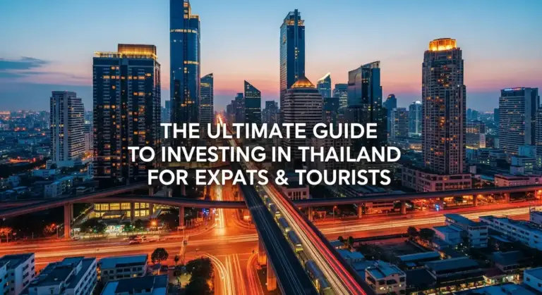 Picture of the Bangkok Skyline at sunset. In front a futuristic text stating: "The Ultimate Guide to Investing in Thailand for Expats & Tourists"